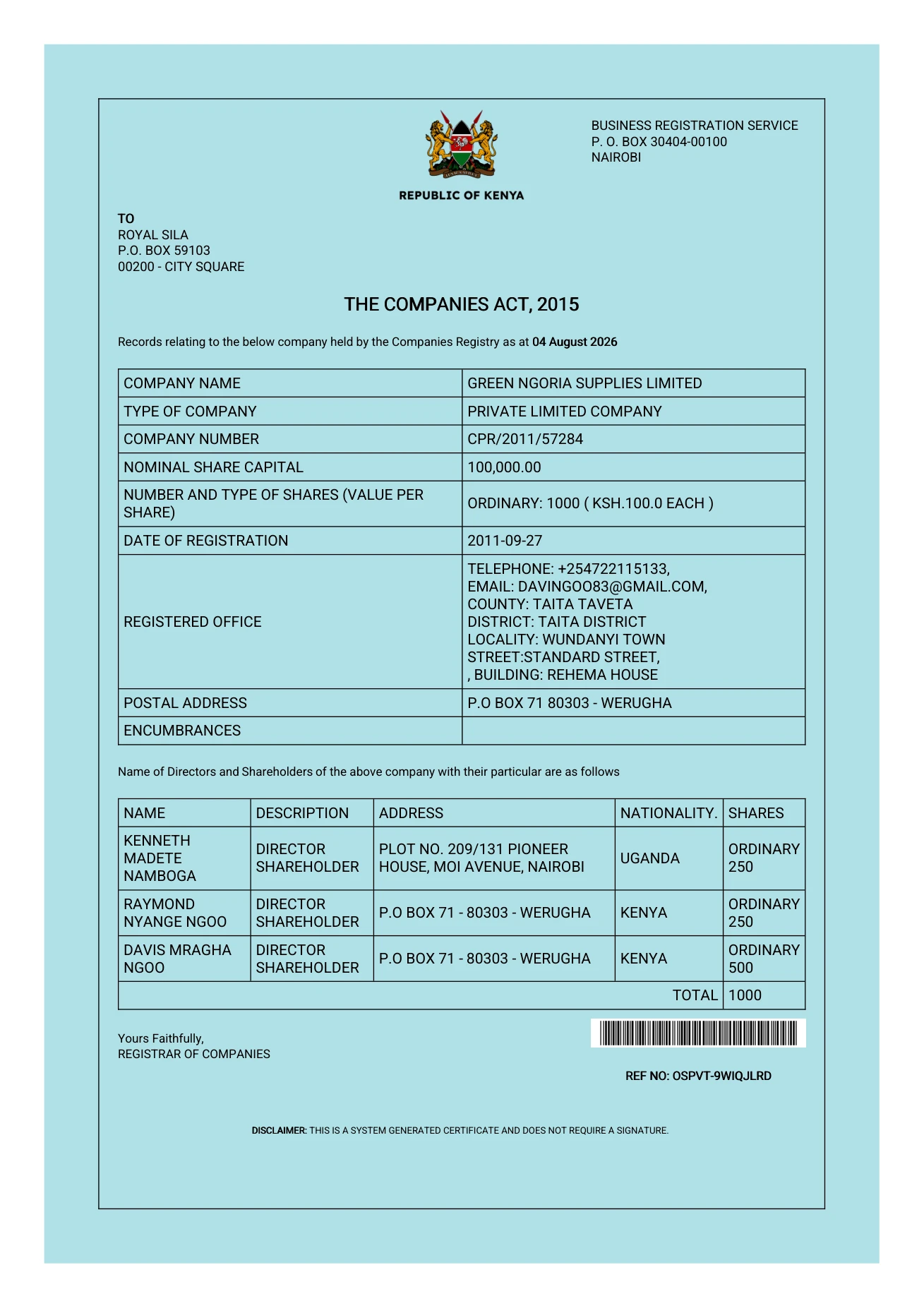 Business Registration Service (BRS) CR12