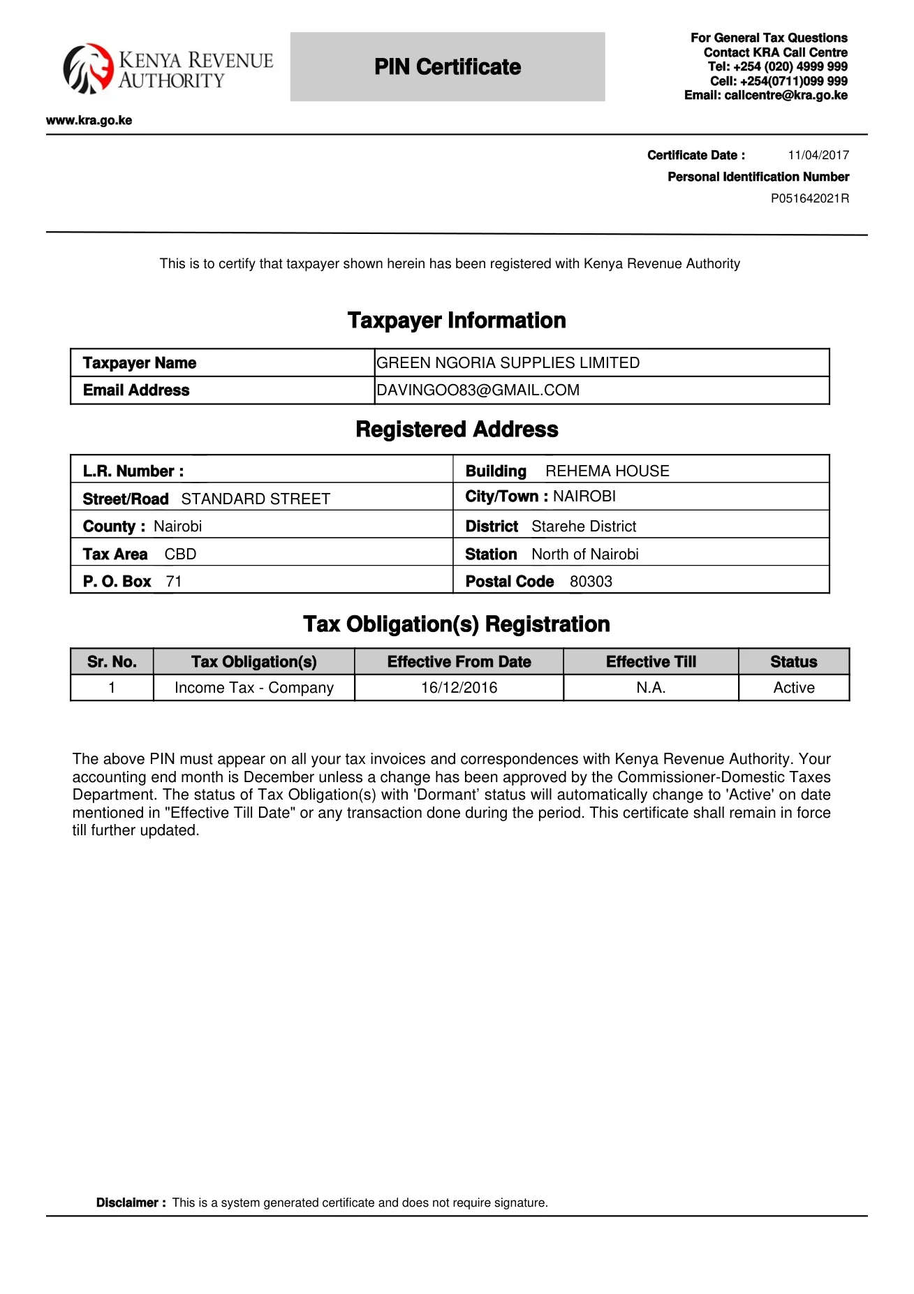 KRA PIN & Tax Obligation Certificate