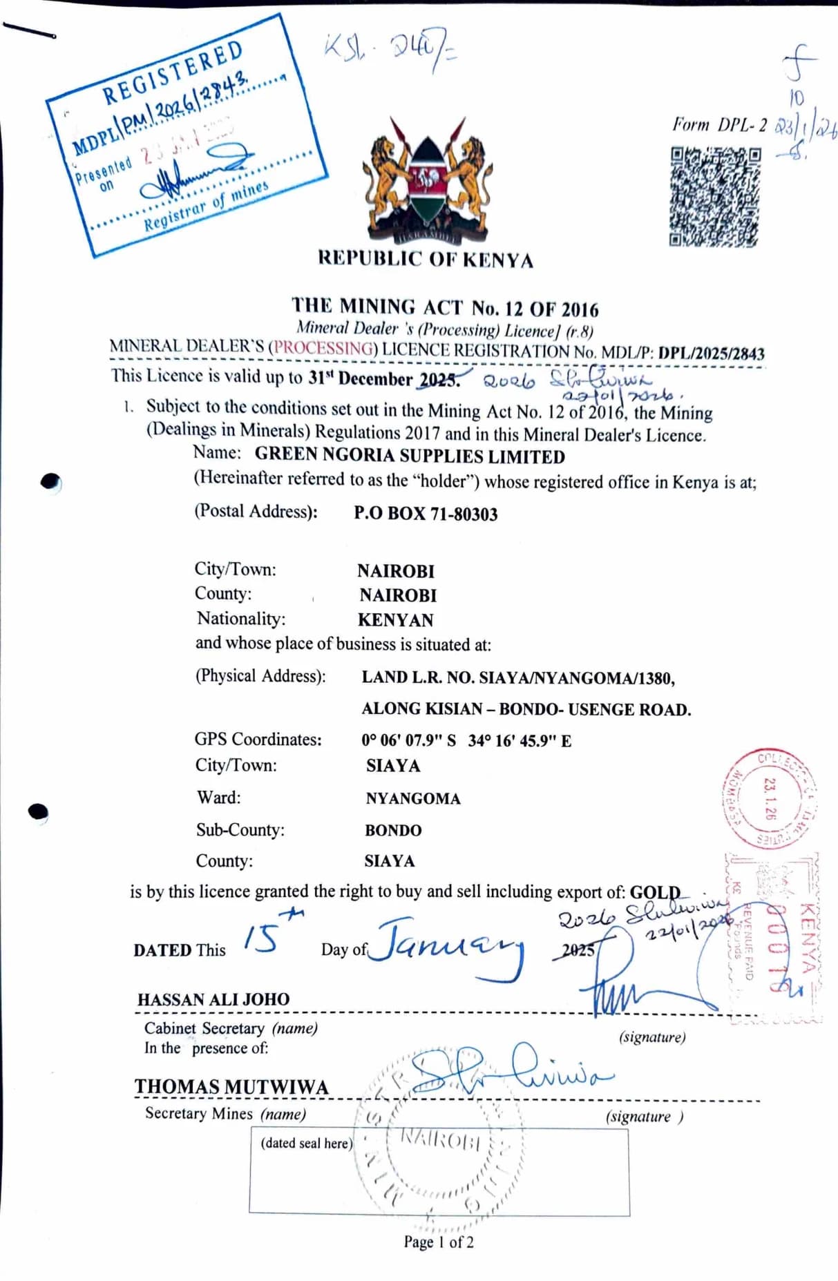 Mineral Dealer's (Processing) Licence
